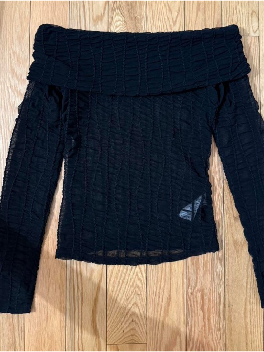 Free People Soft Lines Sheer Black Off the Shoulder Top Long Sleeve XS Ruched